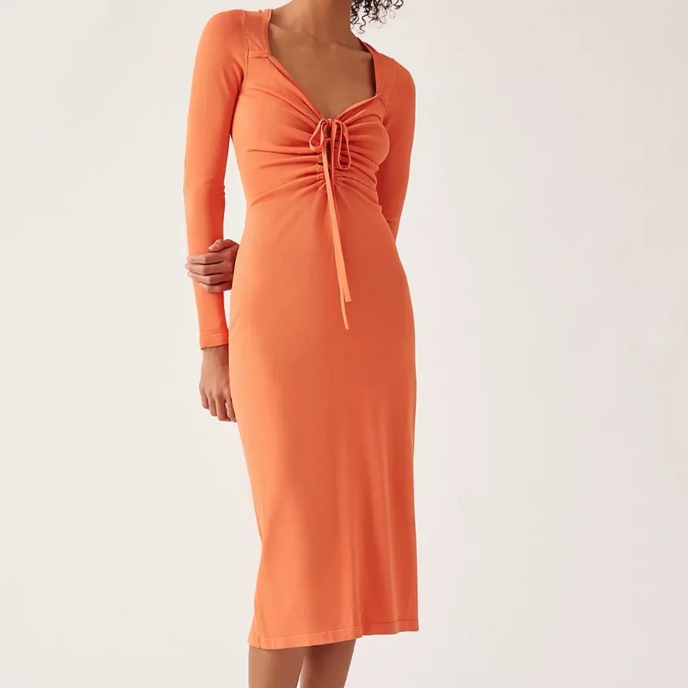Anthropologie Large Callahan Knit Orange Tie-Front Long Sleeve Ruched Midi Dress
